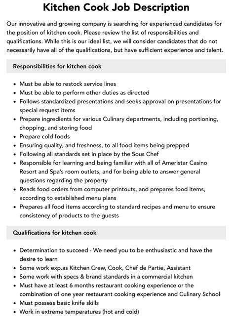 Kitchen Cook Job Description | Velvet Jobs