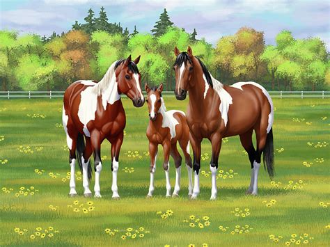 Bay Pinto Paint Quarter Horses in Summer Pasture Painting by Crista ...