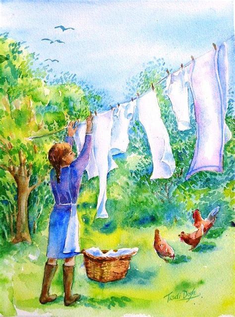 Windy Day Clothesline Art Print by Trudi Doyle | Clothes line, Laundry art, Art painting