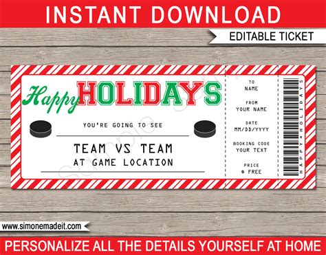 Holidays Hockey Ticket Gift Voucher - Printable Hockey Ticket Template