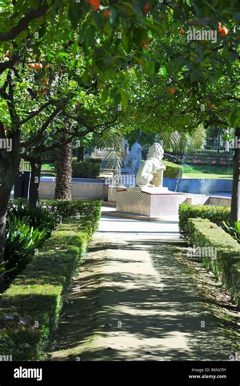 maria luisa park,seville. view of lion fountain Stock Photo - Alamy