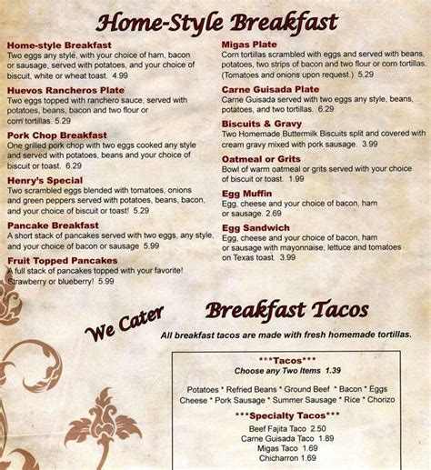 Menu at Henry's Restaurant, Lockhart