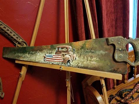 hand painted saw blades of an old truck and American flag | Old saw ...