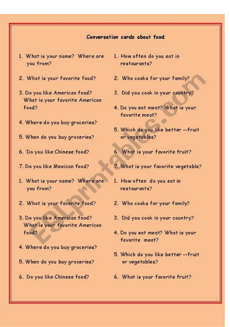 conversation questions on food - ESL worksheet by aneramo