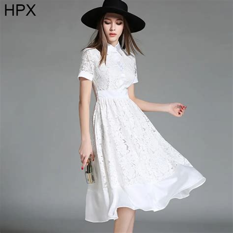 White Lace Knee Length Dress 2016 Spring Autumn New Women High Waist Elegant Dresses Ladies ...