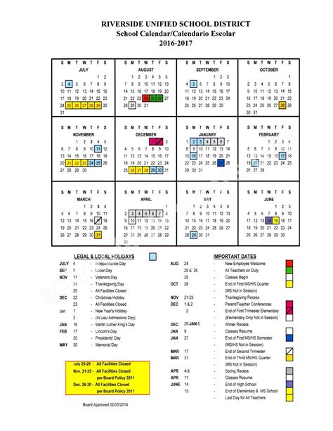 2016 - 2017 District Calendar | Riverside Unified School District – Riverside, CA