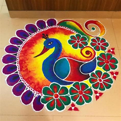 Top 10 Awesome and Easy Peacock Rangoli Designs - myMandap