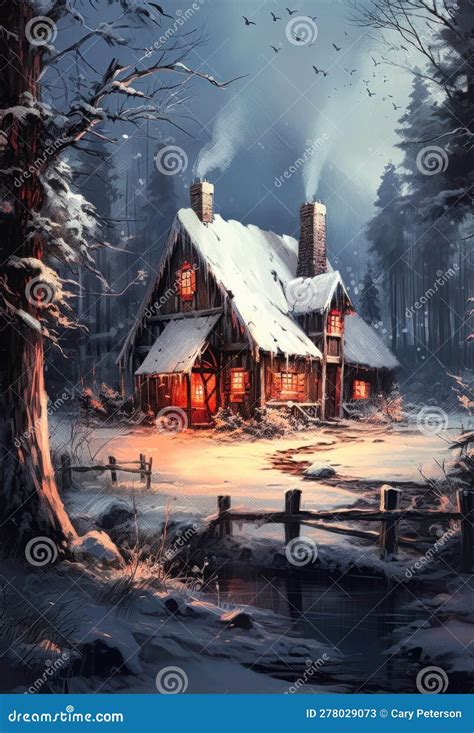 Winter Wonderland: a Cozy Cabin in the Snowy Woods Stock Illustration ...