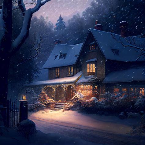 Premium AI Image | snowy night scene of a house with a lighted porch and a driveway generative ai