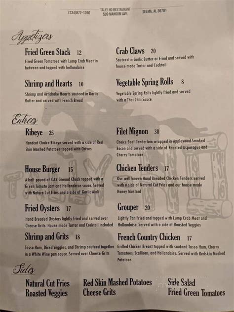 Menu of Tally-Ho Restaurant in Selma, AL 36701