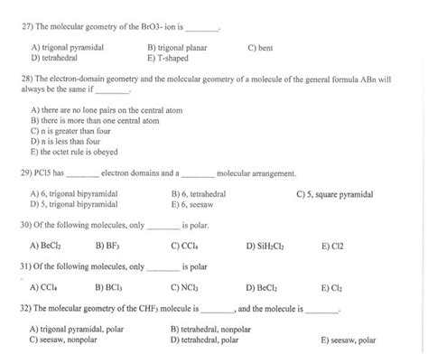 Solved 27) The molecular geometry of the Bro3-ion is C) bent | Chegg.com