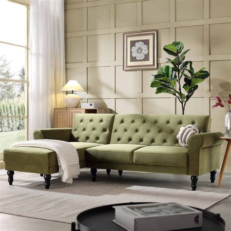 Hanney Chesterfield Chaise Sofabed in Moss Green Velvet | daals