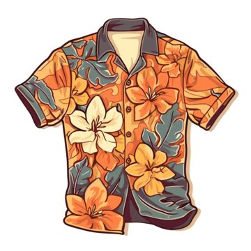 Hawaiian Shirt Vector, Sticker Clipart An Orange And Yellow Hawaiian Shirt With A Flower In The ...