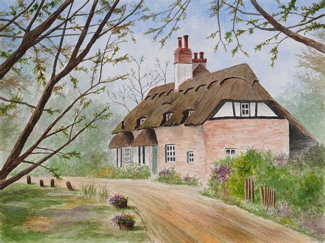 Thatched Roof Cottage Painting by Jeno Futo