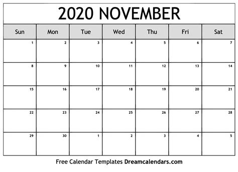 November 2020 Calendar - Free Printable with Holidays and Observances