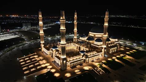 Aerial Shot of the Grand Mosque in Astana City, Kazakhstan at Night ...