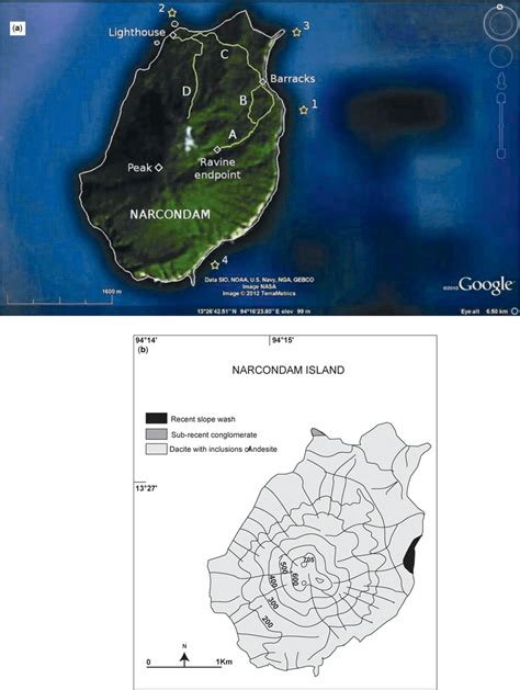 11. (a) Google image of Narcondam Island showing the main trails of the... | Download Scientific ...