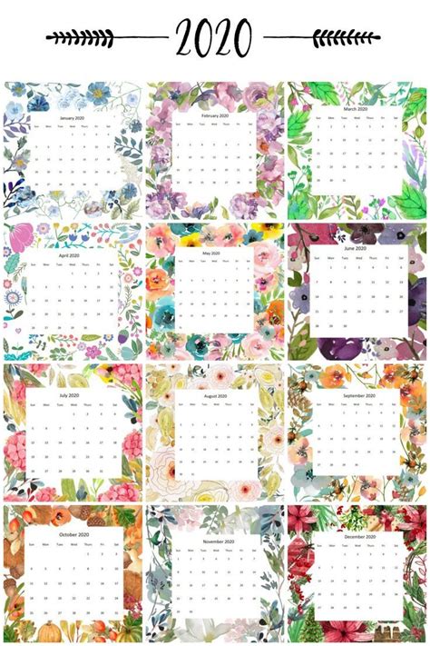 2020 Watercolor Printable Calendars by Month for Free | Watercolor ...