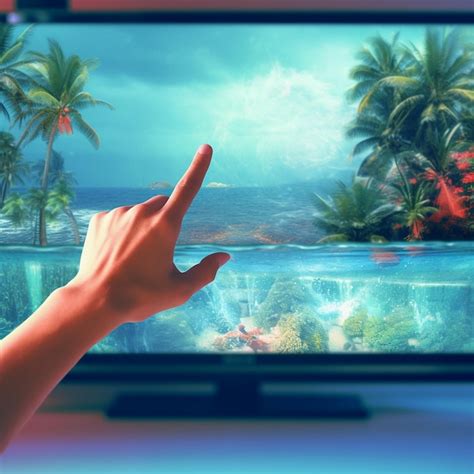 Premium AI Image | a person's hand pointing at a tv screen with palm trees in the background.