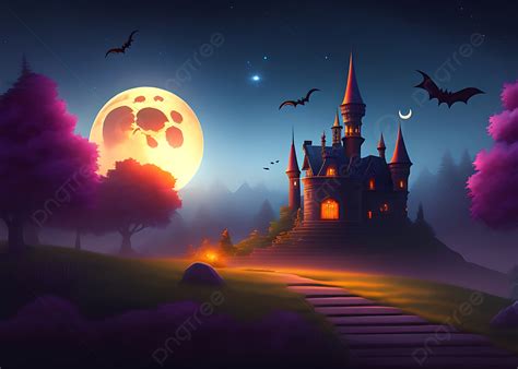 Haunted House On A Scary Moon Halloween Background With Graveyard And ...