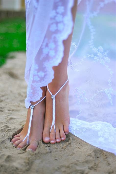 Rhinestone Beach wedding White Crochet Barefoot Sandals