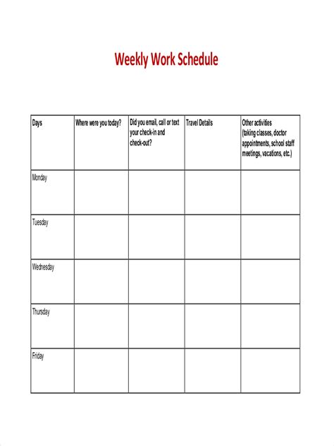 Weekly Work Schedule Chart