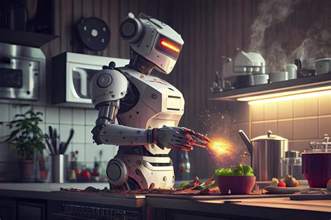 Robot chef cooking in kitchen of future home genius, smart robot working in modern house ...