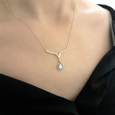 14K Real Solid Gold Tear Drop Halo Necklace | Latika Jewelry