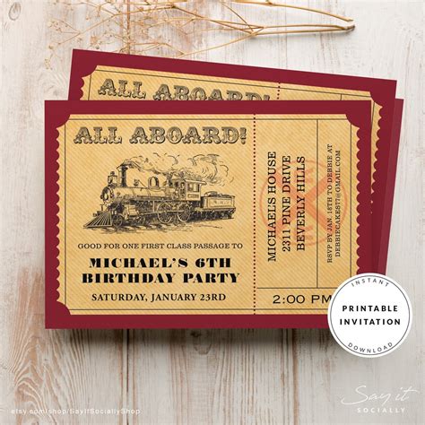 Train Ticket Invitations, Train Birthday Party Invitation Template ...