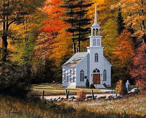 Autumn Chappel, fence, fall, leaves, painting, colors, church, trees, artwork, HD wallpaper | Peakpx