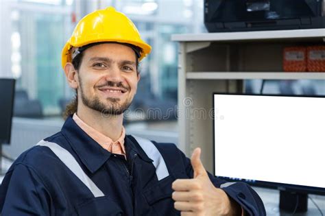 Man Engineering Smiling Thumb Up with Computer White Screen. Cnc Machine at Workshop Stock Image ...