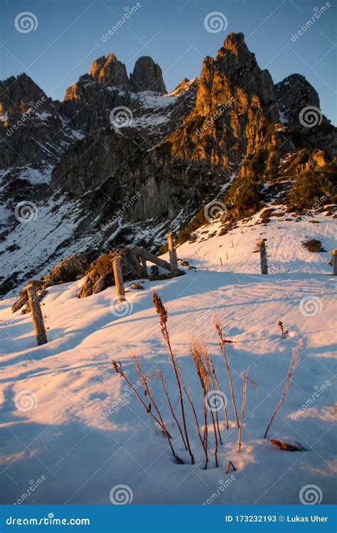 Snowy Rocky Mountains at Sunset in Austrian Alps Stock Image - Image of ...