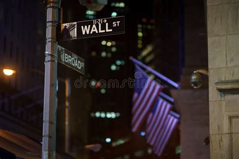 Broadway and Wall Street Signs at the Night, Manhattan Stock Photo ...