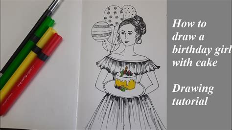 Birthday girl drawing | Sketch drawing with gel pen or ink pen - YouTube