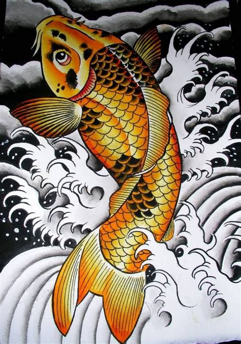 a drawing of a gold fish on top of a wave in the ocean with clouds