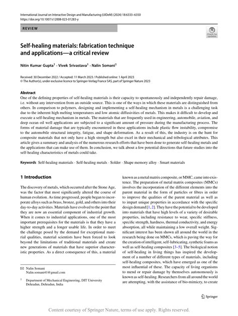 Self-healing materials: fabrication technique and applications—a critical review | Request PDF