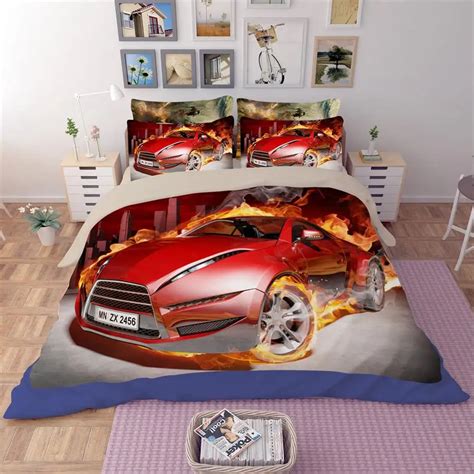 3D Flame Sportscar Red Race Car Print Bedding Set Twin Queen King Size ...