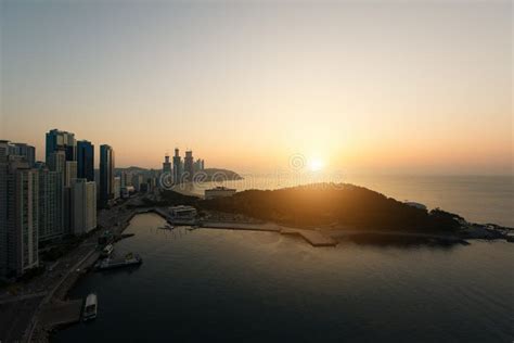 Sunrise at Haeundae Beach in Busan. Haeundae Beach is Busan`s Mo Stock ...