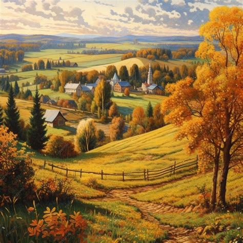 Premium AI Image | A painting of a rural landscape with a village in ...