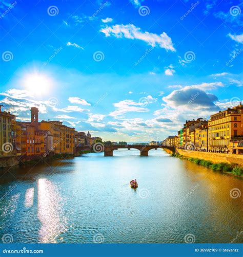 Santa Trinita Bridge on Arno River, Sunset Landscape. Florence, Stock Image - Image of european ...