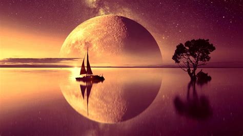 Fantastic Moon Magic Light and Water Boat With Tree Wallpaper | Water ...