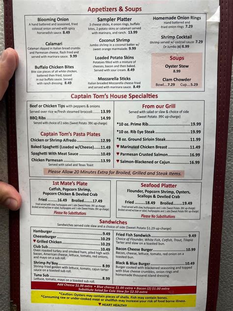 Menu at Captain Tom's Seafood restaurant, Martinsville