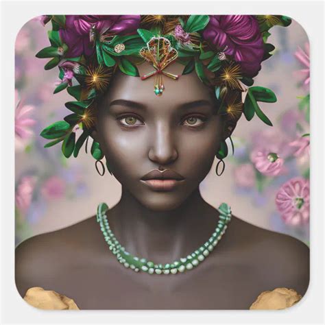 Beautiful African-American Woman with Flowers Square Sticker | Zazzle