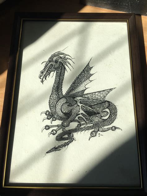 My grandmas ink drawing of a dragon from Tolkien’s bestiary. Drawn in ...