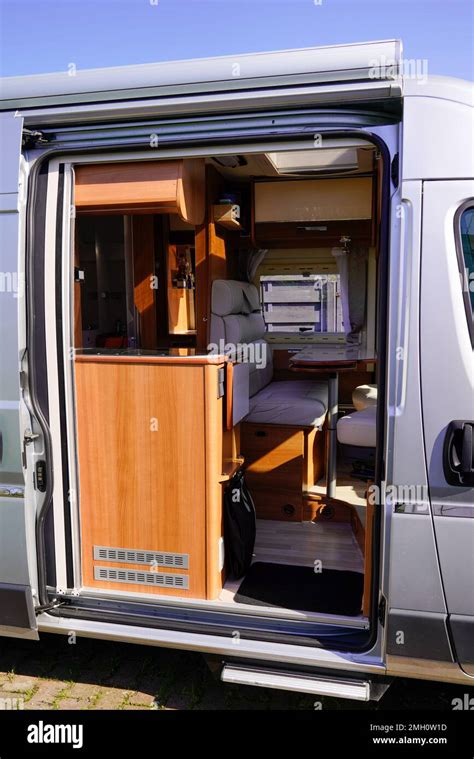 open side door vehicle interior view of motorhome modern camper rv van ...