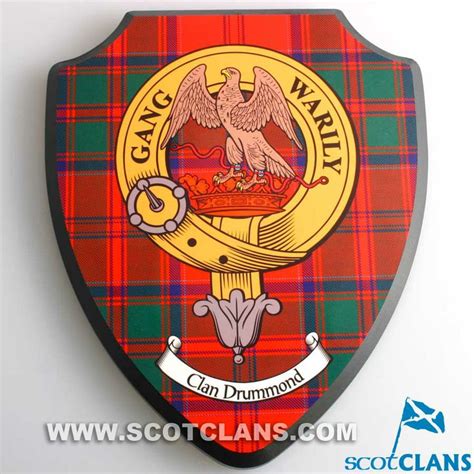 the clan badge is on top of a red and green tartan shield with an eagle