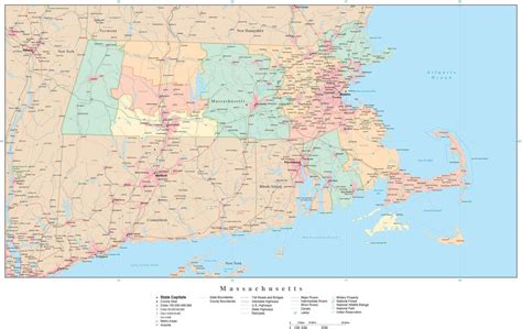 Massachusetts State Map in Adobe Illustrator Vector Format. Detailed ...