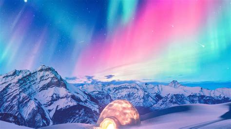 Snow Winter Iceland Aurora Northern Lights Wallpaper 4K