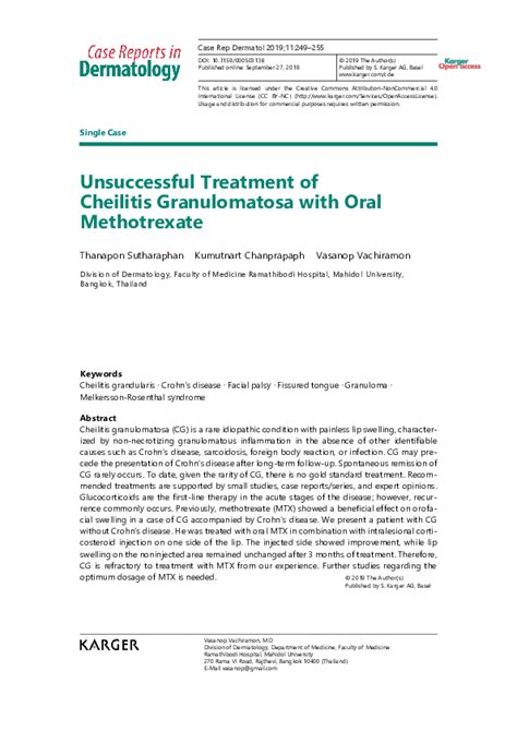 (PDF) Unsuccessful Treatment of Cheilitis Granulomatosa with Oral Methotrexate | Kumutnart ...