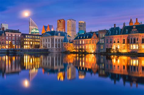 hague, Netherlands, The, Hague, Netherlands, Holland, Night, City, Buildings, Waterfront, Water ...